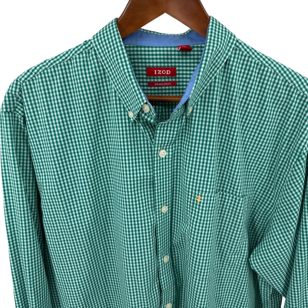 IZOD Green & White Gingham Check Non-Iron Stretch Button Down Shirt Men's Large - Picture 2 of 11